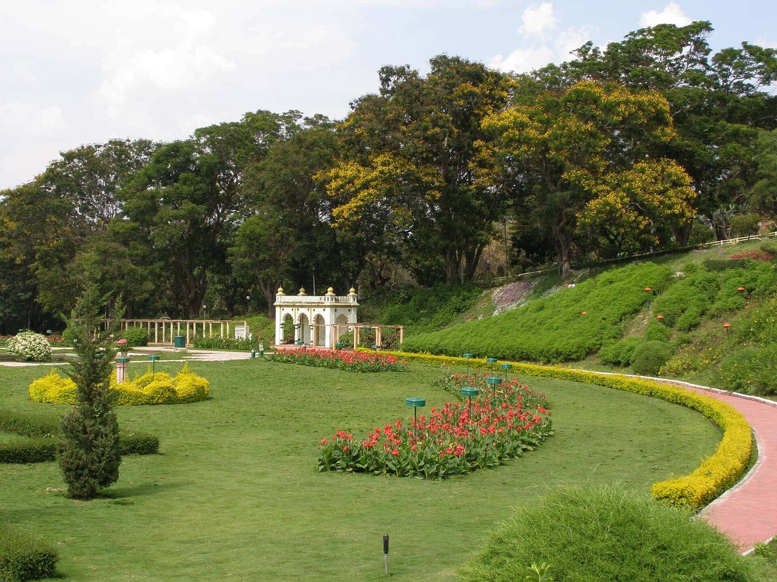 Landscaped lawns and flower beds at Brindavan Gardens near Mysuru