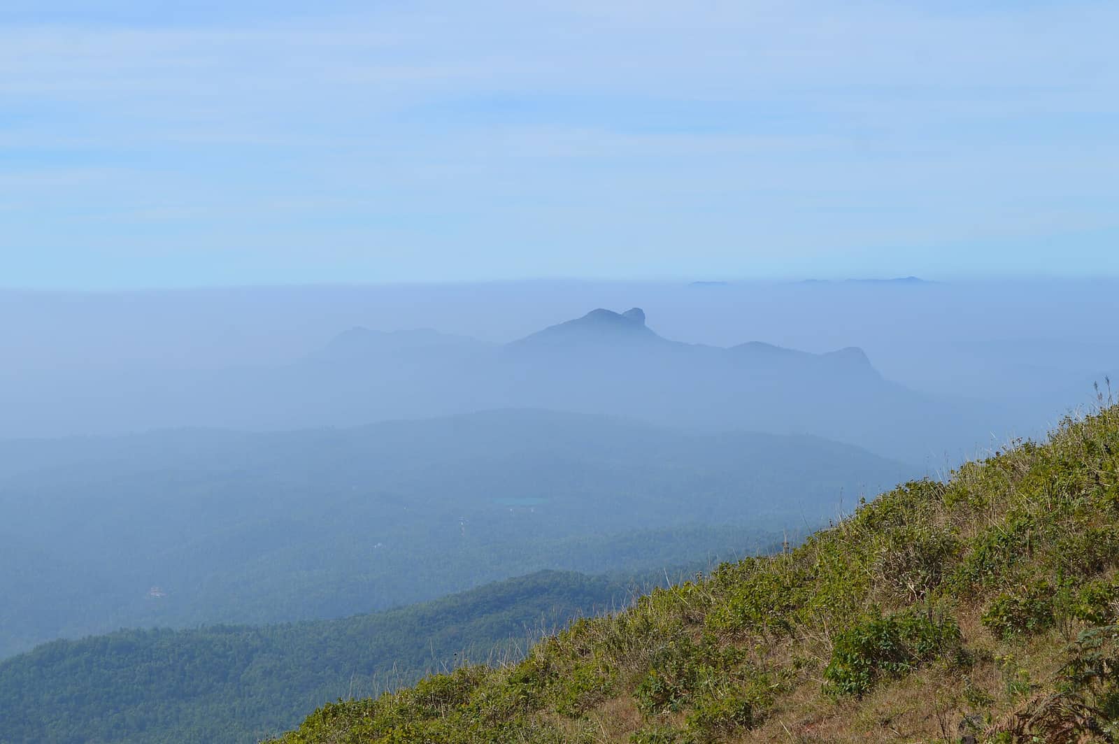 Blue, misty ridges of the Western Ghats from Mullayanagiri