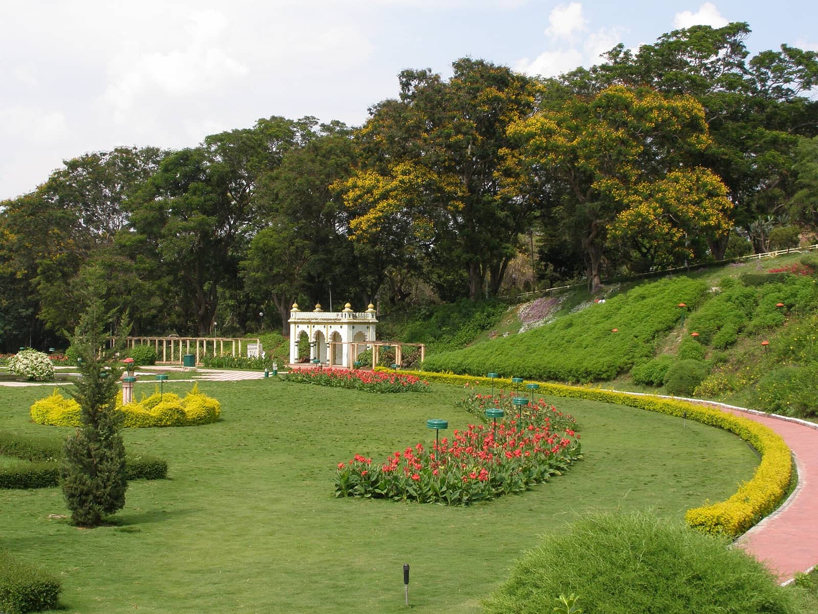 Landscaped lawns and flower beds at Brindavan Gardens near Mysuru