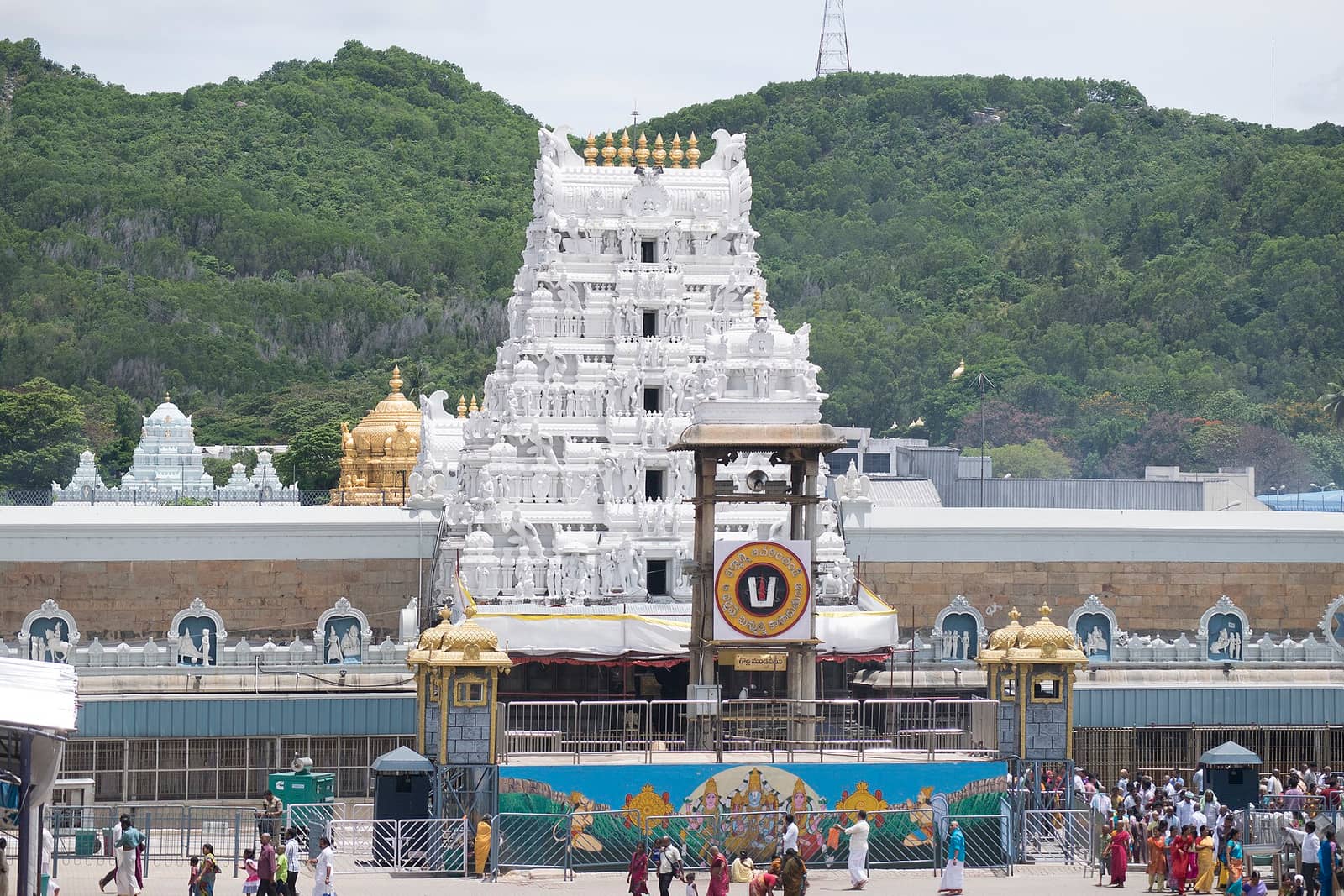 Temple towers at Tirumala set against the green Seshachalam hills