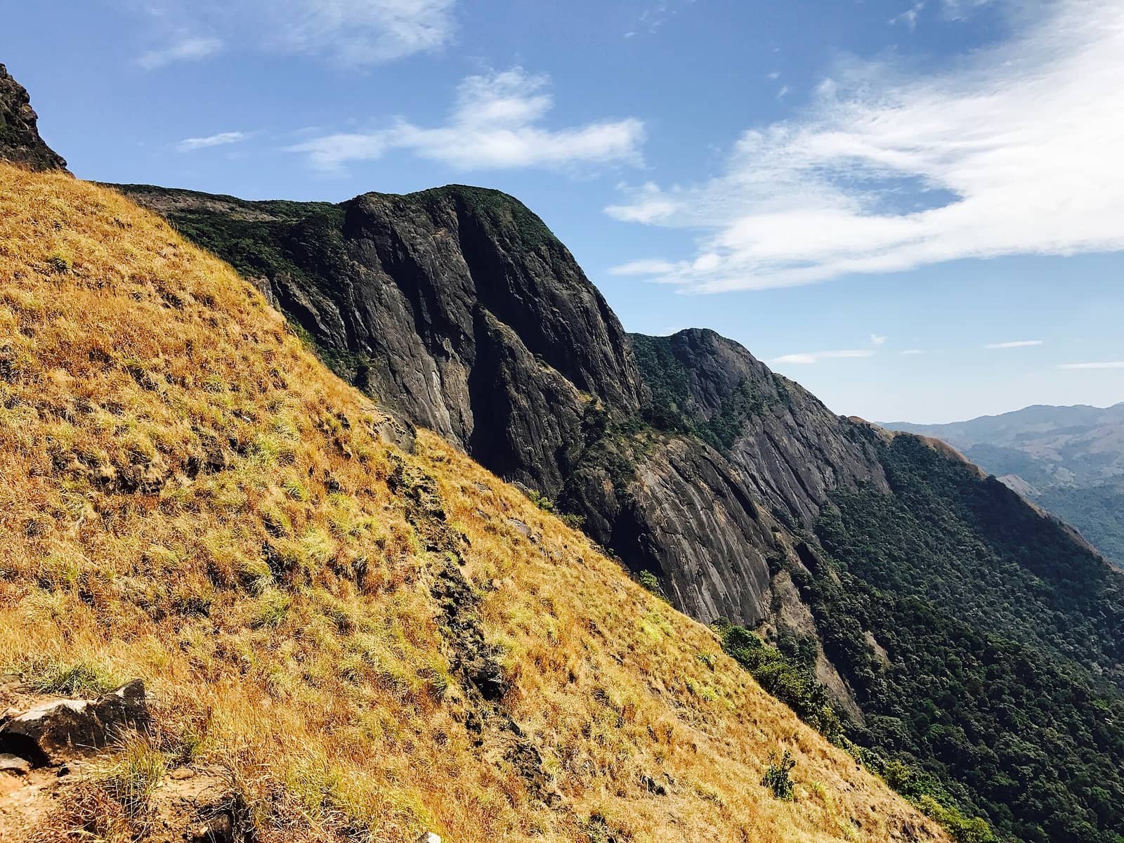 Golden grass slopes and rock faces on the Kumara Parvatha trail